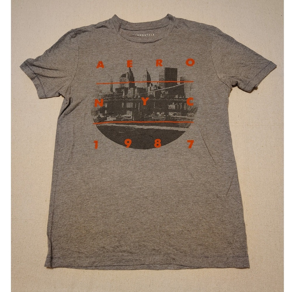 Aeropostale Mens‎ NYC Skyline Graphic T-Shirt Gray Orange Short Sleeve Small S/P